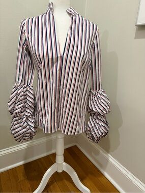 Greyson White Blouse with Navy & Red Stripes